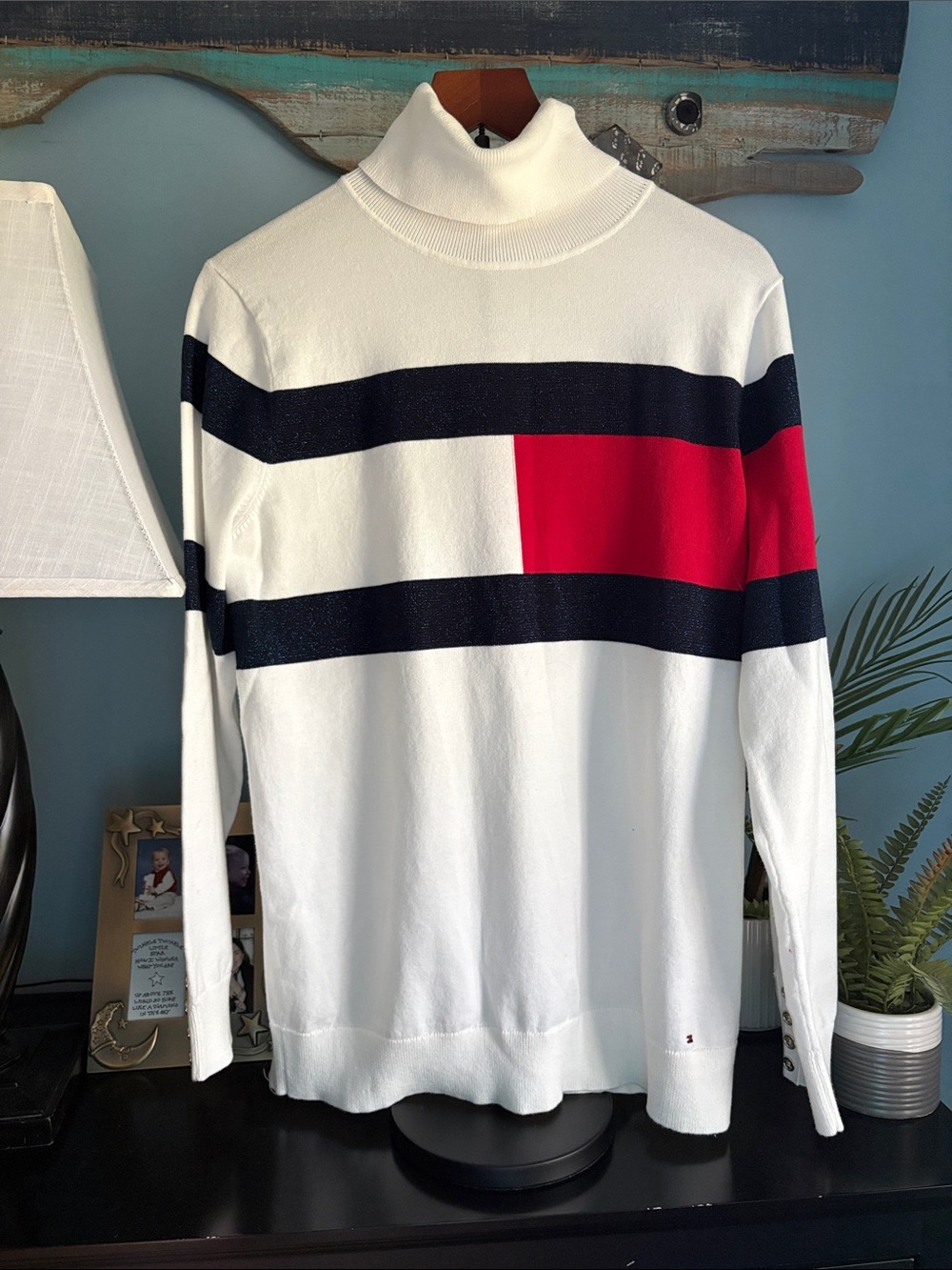 Tommy Hilfiger Classic White Turtleneck Sweater with Navy Stripes and Red Block